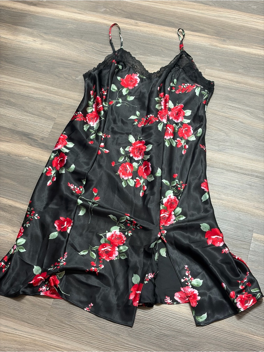 Apt. 9 Black Satin Slip with Red Rose Print